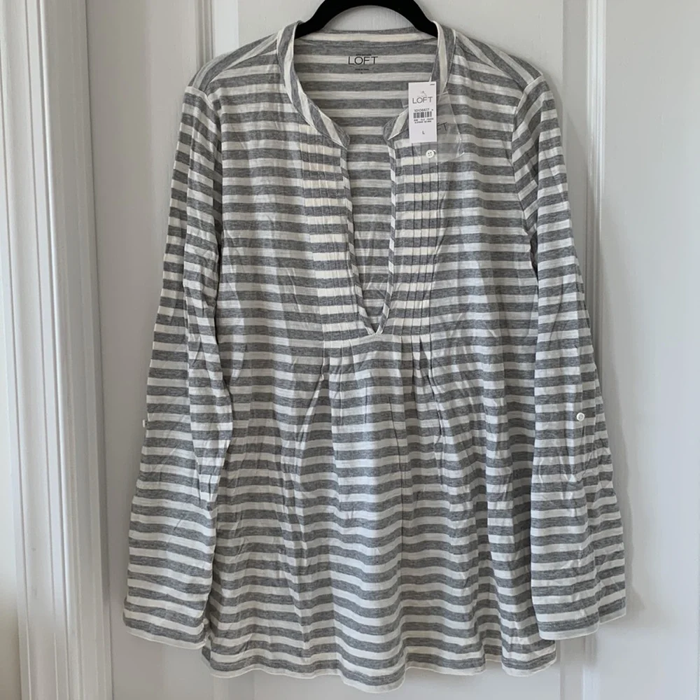 NWT LOFT 100% Cotton Stripe Deep V-Neck Long Sleeves Tunic Top Size Large - Picture 11 of 12